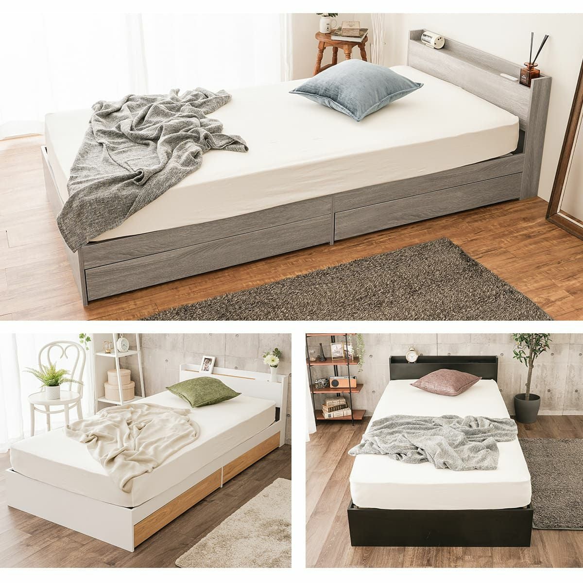 たっぷり収納 引き出し2杯付き 2口コンセント付き 木製ベッド オーク ウォールナット ヘッドボード付き ベット 一人暮らし フロアベッド ローベッド 韓国 キャスター付き