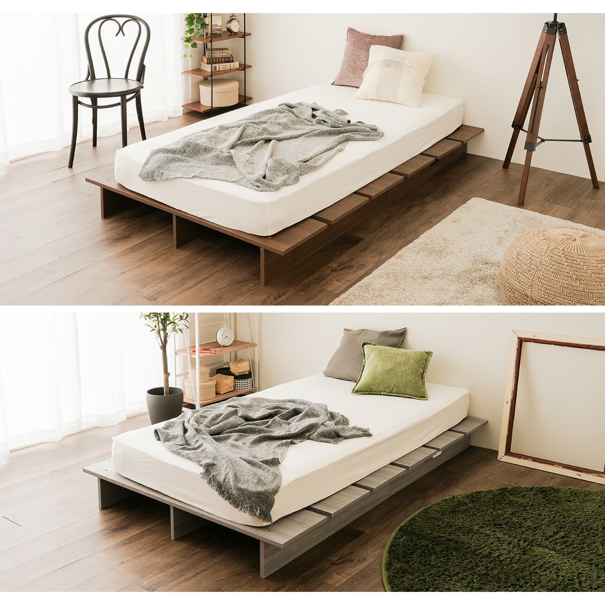 コンセント付き ベッド ローベッド ベッドフレーム すのこベッド フロアベッド ロータイプ シングルベッド シングル セミダブル ダブル ブラウン ナチュラル ホワイト ブラック グレー 一人暮らし コンパクト ステージベッド 北欧風